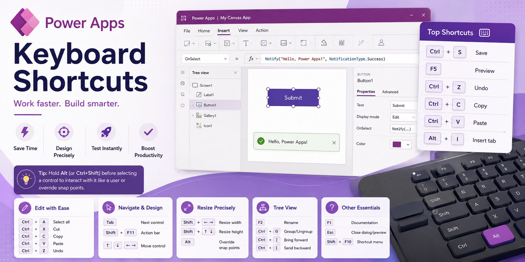 Keyboard shortcuts for canvas apps